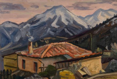Winter in Kastania — Oil painting, Fiberboard, 38.00×55.00cm — Theodoros Markellos